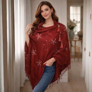Red Sweater Material Embroidered Poncho
